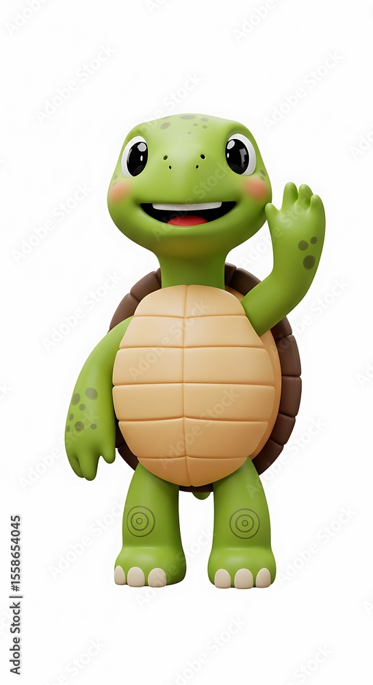 Fototapeta premium A cartoon turtle character stands smiling, with a shell and waving its hand on a white background.