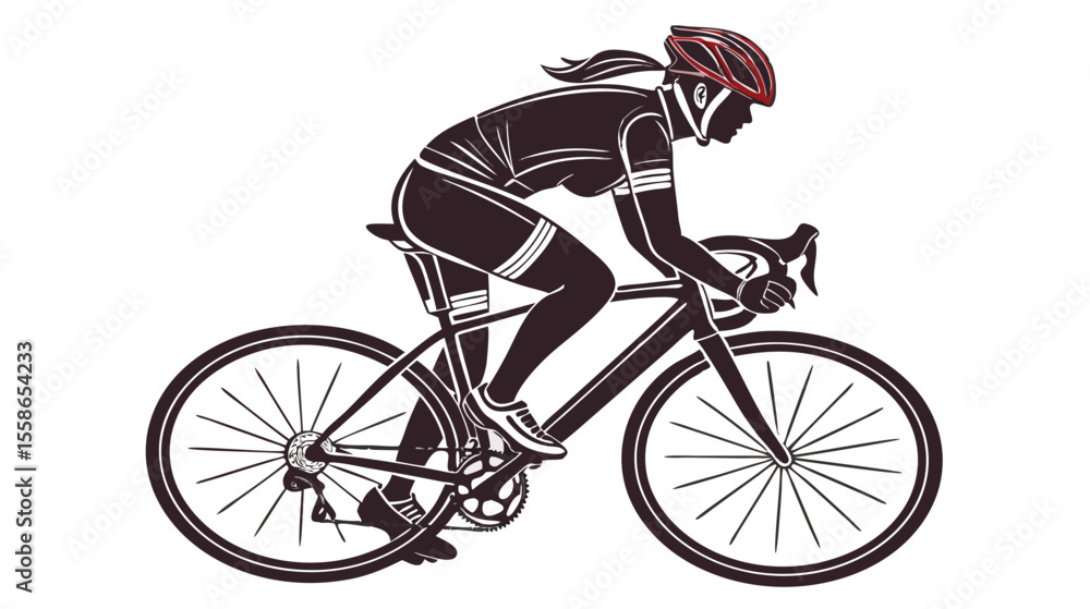 Fototapeta premium Cyclist Silhouette Riding Road Bike — Female Racer with Helmet, Ponytail