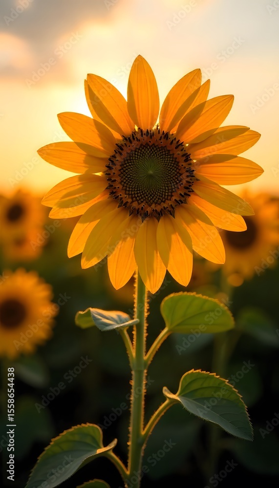 Obraz premium Vibrant Sunflower Field in Full Bloom Under Clear Blue Sky with Bright Sunlight and Natural Breeze 