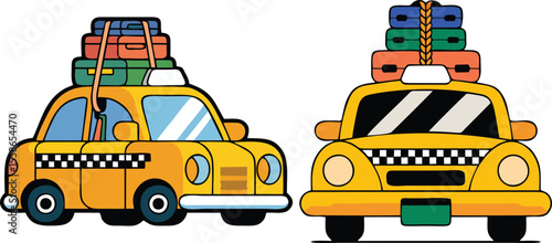 Cartoon taxi cars vector illustration with yellow cab icons in urban transportation theme