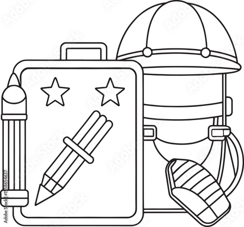 Military field ration line art with lunchbox backpack and gear details