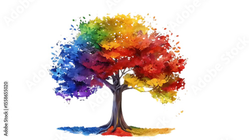 Abstract tree with colorful paint splashes and rainbow design elements