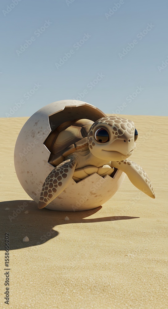 Obraz premium Adorable Baby Turtle Hatching from Egg in Desert Sand
