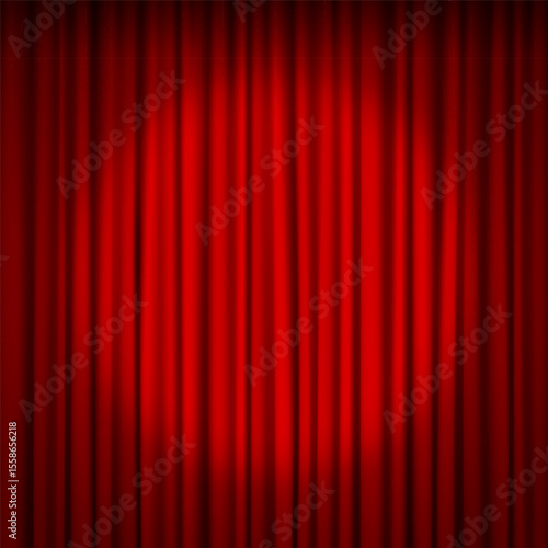 Spotlight on red closed theater curtain square background. Vector