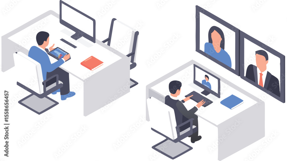 Isometric view of two people in office spaces having a video conference meeting on their computers Isometric view of two people in office spaces having a video conference meeting on their computers