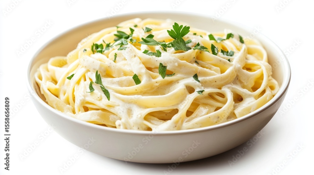 Creamy Alfredo fettuccine pasta topped with fresh herbs isolated Creamy Alfredo fettuccine pasta topped with fresh herbs isolated