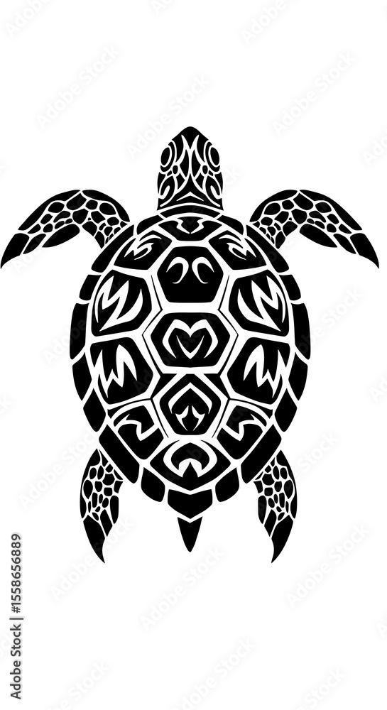 Fototapeta premium Black and white graphic illustration of a sea turtle with detailed shell and flipper patterns.