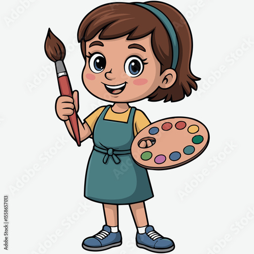 Cartoon girl artist painting with brush and palette cute art illustration design