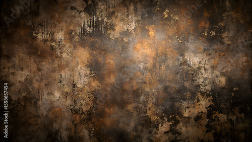 Textured grunge background with distressed metallic copper and dark brown tones and subtle golden highlights