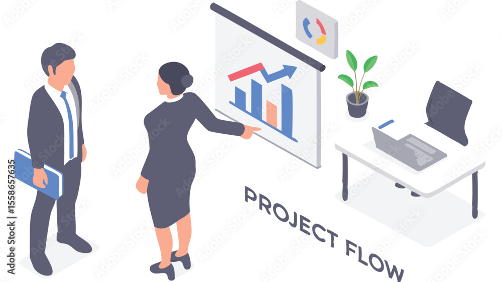 Isometric view of business presentation with two people and project flow display screen shown Isometric view of business presentation with two people and project flow display screen shown