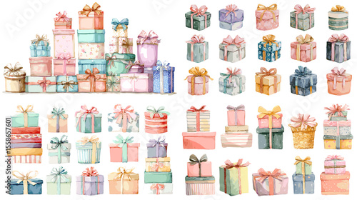 Charming watercolor illustrations of various gift boxes with ribbons and bows, perfect for birthday, holiday, wedding, and celebration-themed designs.

