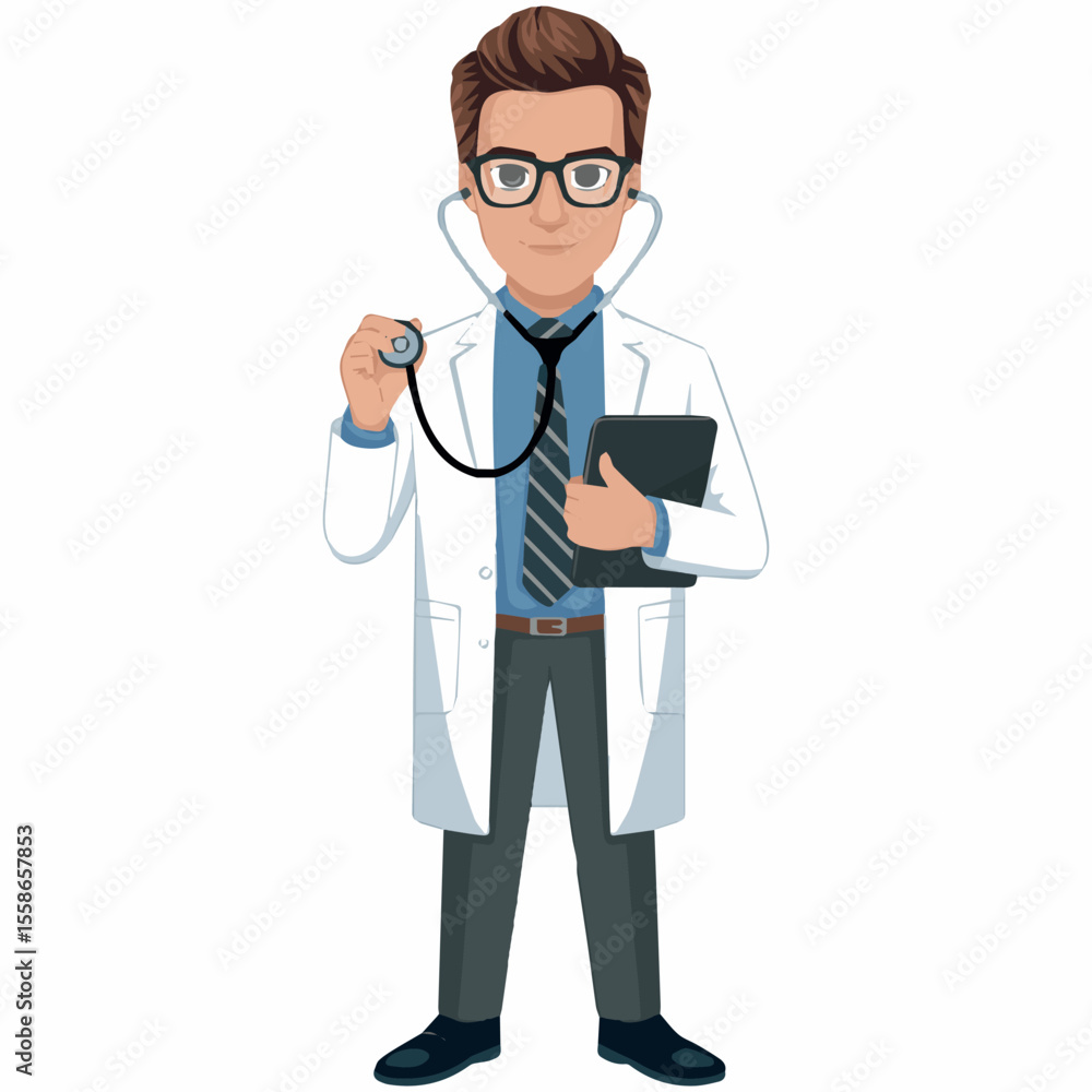 Fototapeta premium Cartoon doctor illustration of a medical professional holding stethoscope tablet
