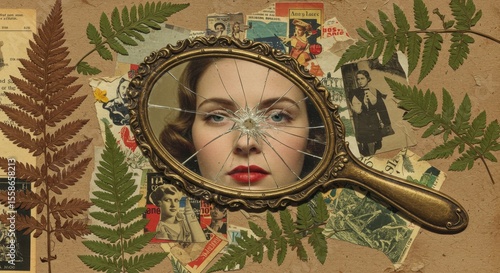 Surreal Collage of a Woman's Face Reflected in a Cracked Hand Mirror with Pressed Ferns from the 1940s
