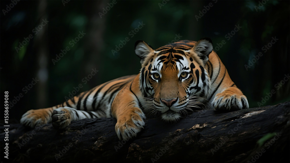 Obraz premium Majestic bengal tiger resting on a dark log in a lush forest