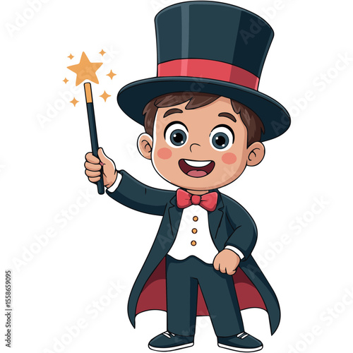 Cartoon magician boy with hat and wand performing magic trick illustration art