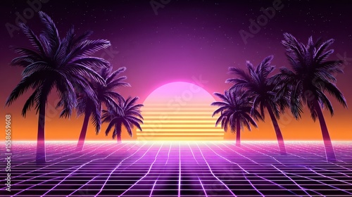 Palm trees silhouettes at sunset in a retro futuristic vaporwave landscape