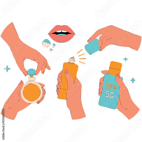 Beauty skincare routine applying sunscreen perfume and lip care for healthy glow skin