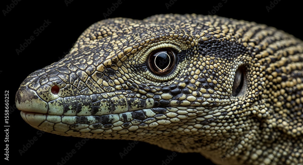Close-up of a monitor lizard's head, showing its scales, eye, and nostril against a dark background. Close-up of a monitor lizard's head, showing its scales, eye, and nostril against a dark background.