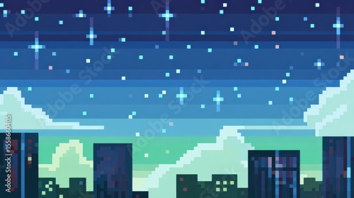 Wallpaper Mural Pixel art cityscape shining under night sky with clouds and stars Torontodigital.ca