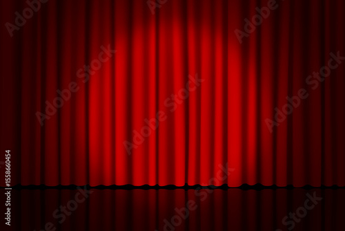 Theatre stage with red curtains and spotlight background. Vector