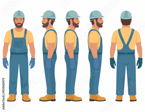 Construction worker vector illustration with hard hat and overalls design views