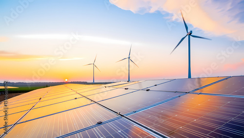 Solar Panels & Wind Turbines at Sunset: Clean, Renewable Energy Production