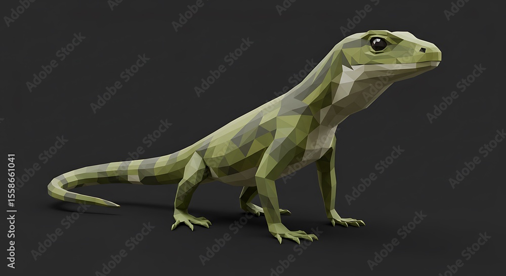 Fototapeta premium Low-poly rendering of a stylized green lizard, posed against a dark background.