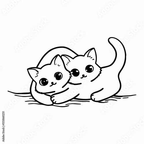 Two cartoon kittens cuddling in black and white style