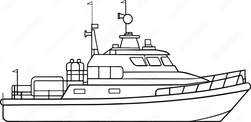Obraz premium Modern military patrol boat outlined drawing in black and white style