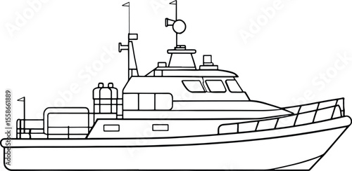 Modern military patrol boat outlined drawing in black and white style