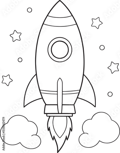 Cartoon shoulder launched rocket surrounded by stars and clouds illustration