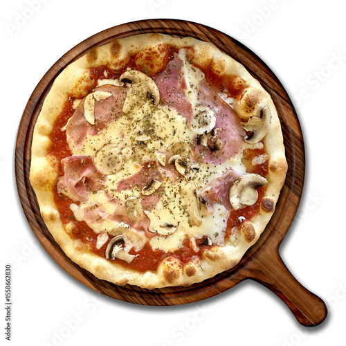 crispy mixed pizza with mushroom and ham isolate on transparency background