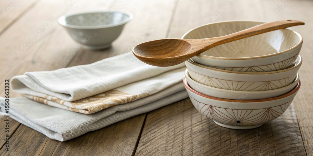 Stacked Ceramic Bowls with Wooden Spoon and Folded Napkin Stacked Ceramic Bowls with Wooden Spoon and Folded Napkin
