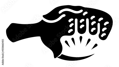 Stylized black and white drawing of a hand with fingers and a partial semi circle shape below it silhouette
