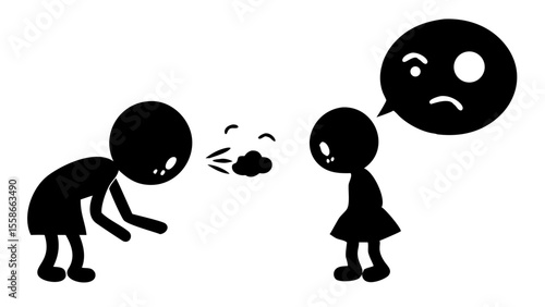 Stick figure man with bad breath talking to a stick figure girl who is thinking negatively in a bubble silhouette