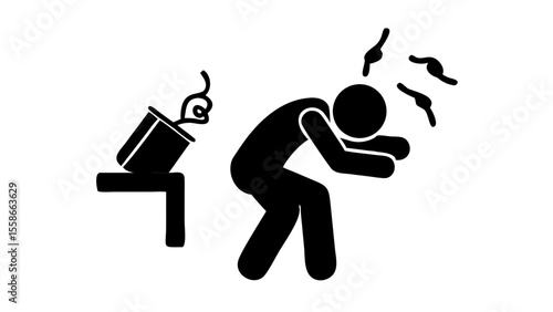 Man getting hit in the head with a flower pot falling off a table in a black and white stick figure drawing silhouette