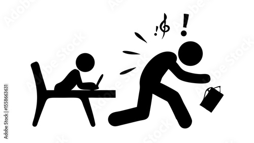 Stick figure at desk writing startles another stick figure causing them to drop their bag and react loudly silhouette