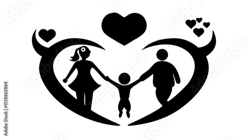 Family silhouette inside a heart shape with parents holding a child's hands and hearts around it