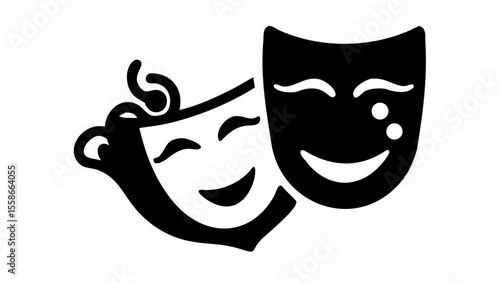 Illustration of two theatrical masks one white with a smile and one black with tears of joy look silhouette