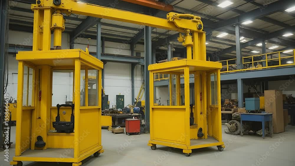 Inspecting Yellow Industrial Lift Equipment Indoors Inspecting Yellow Industrial Lift Equipment Indoors