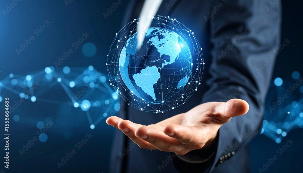 A scene in which a man raises his hand and a digital globe-shaped object rotates in his palm A scene in which a man raises his hand and a digital globe-shaped object rotates in his palm