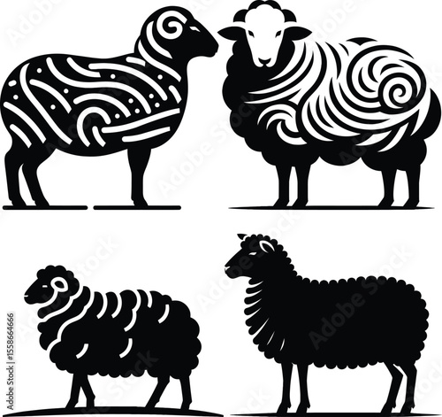 Artistic Sheep Silhouettes Collection Featuring Varied Wool Patterns and Unique Designs Depicting Farm Animals