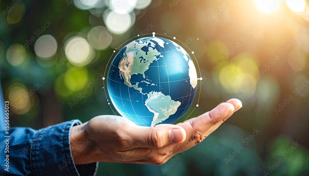 A scene in which a man raises his hand and a digital globe-shaped object rotates in his palm A scene in which a man raises his hand and a digital globe-shaped object rotates in his palm
