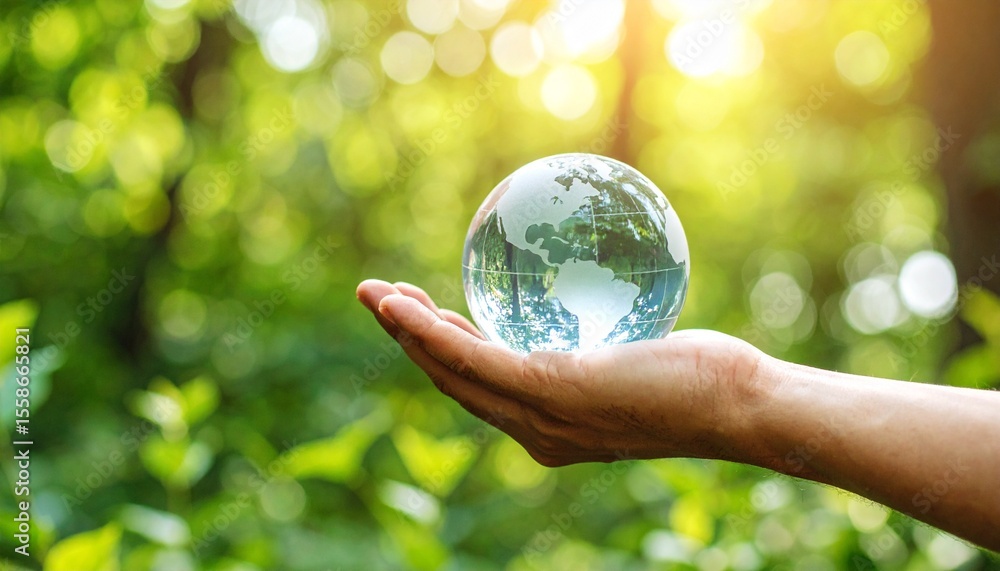 A scene in which a man raises his hand and a digital globe-shaped object rotates in his palm A scene in which a man raises his hand and a digital globe-shaped object rotates in his palm