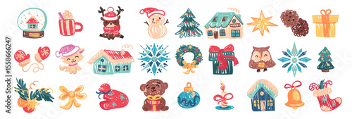 Cute Christmas set in crayon kids style. Hand-drawn festive elements: gifts, animals, houses, trees, snowflakes. Childish doodles for stickers, prints, greeting cards. Vector childlike drawings
