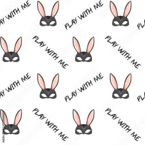 Bunny Mask & “Play With Me” Lettering Seamless Pattern – Fun Kinky Minimal Style