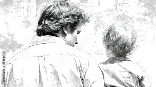 Line art illustration of father and son together