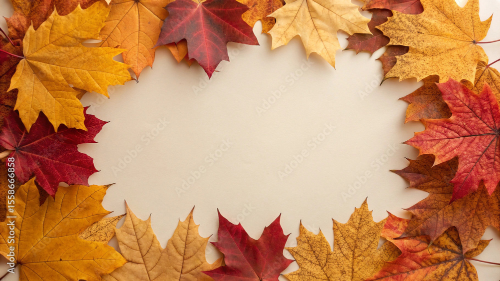 Fototapeta premium Vibrant arrangement of fall foliage in various shades of red, orange, and yellow forms a decorative border on a neutral background, evoking the cozy and inviting atmosphere of autumn