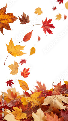 Colorful autumn leaves are gently falling against a clean white backdrop, creating a vibrant and inviting frame with a sense of motion and seasonal atmosphere