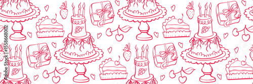 Playful pink pattern with birthday elements pompous cake, gift, piece of cake, cherry and strawberry. Flat seamless vector in girly doodle style. Great for party designs and decor.